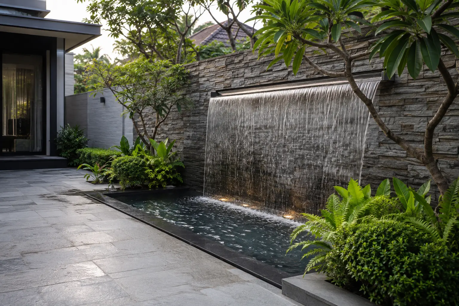 Minh họa tường thác nước sân vườn hiện đại