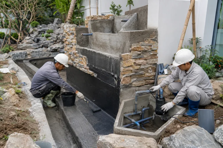 Minh họa quá trình thi công thác nước sân vườn