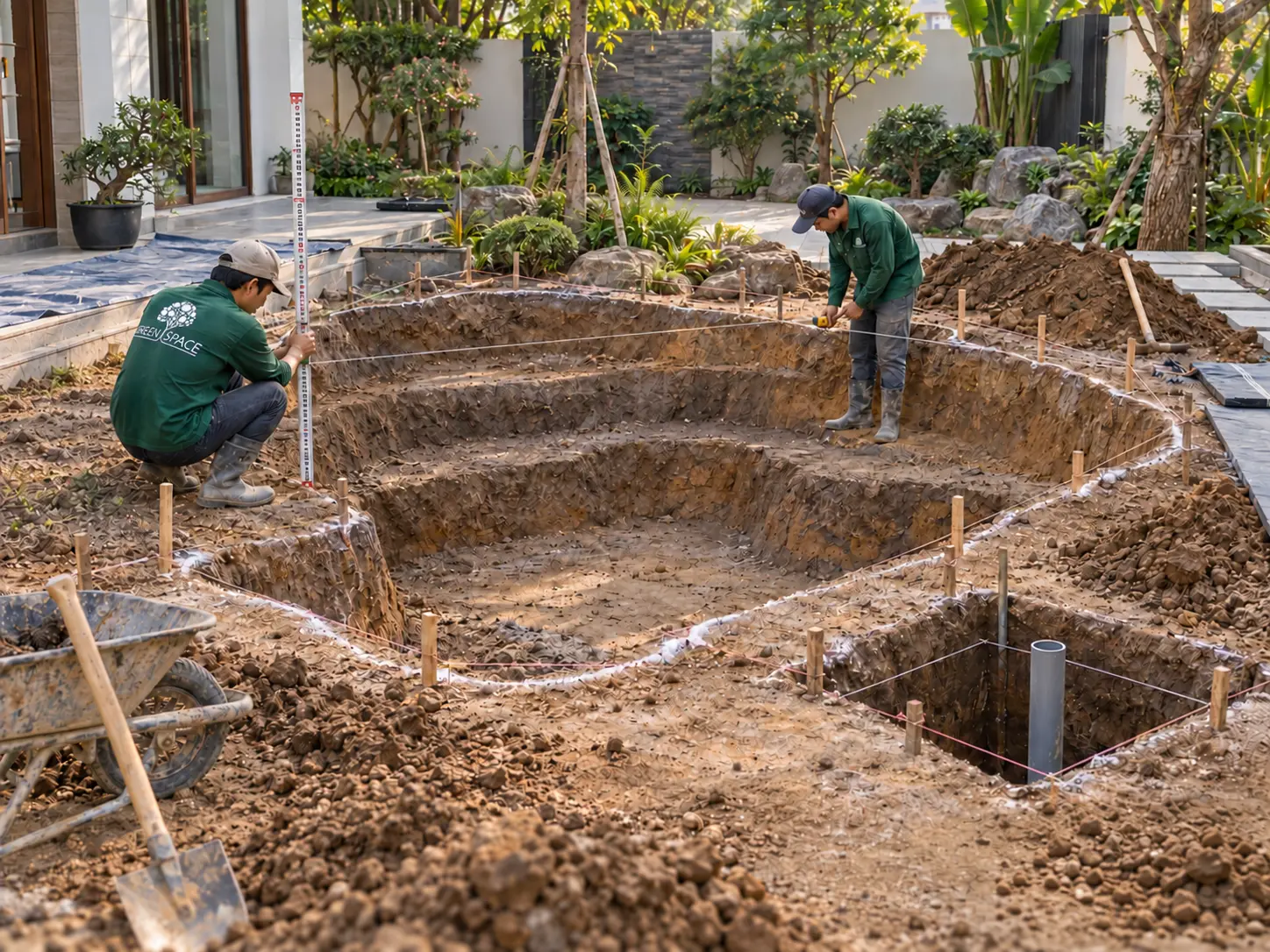 Định vị và đào đất thi công hồ cá Koi
