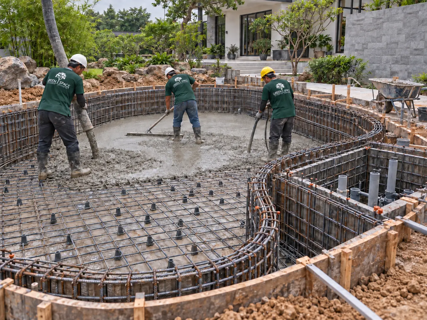 Thi công bê tông cốt thép đáy và thành hồ Koi